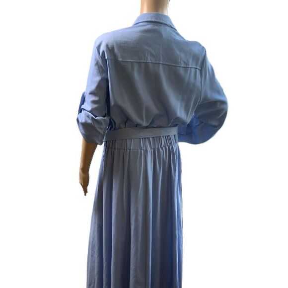 Ashley Stewart Blue Long Sleeve Button Down Coastal Linen Tie Maxi Dress 14/16 - Picture 14 of 16